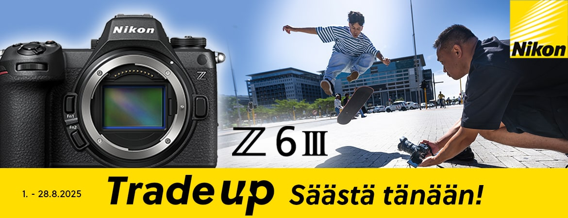 Osta nyt uusi Nikon Z6III ja anna vanha järjestelmäkamerasi tai objektiivisi vaihdossa, niin saat 200 € extrahyvityksen.